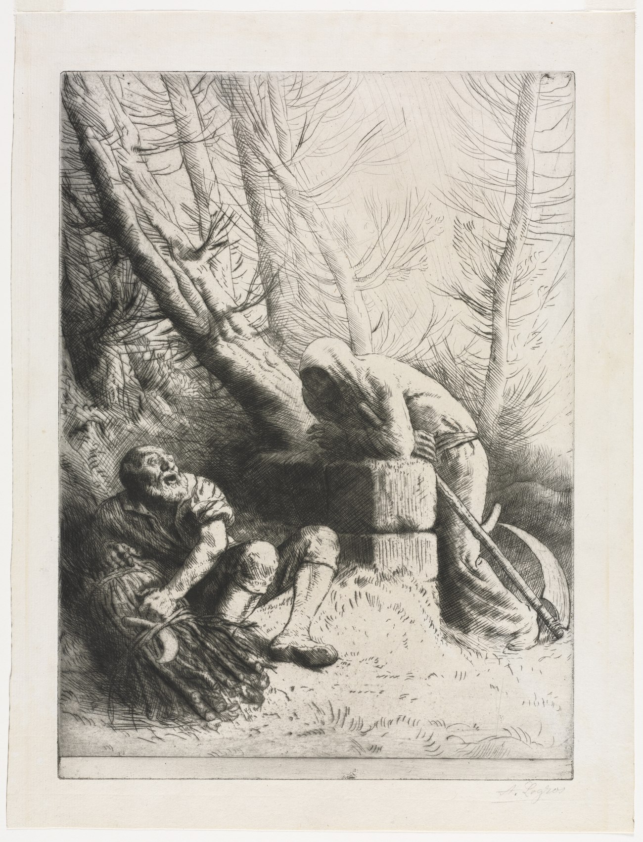 Etching of an old bearded woodcutter recoiling in terror beside his bundle of sticks, as a faceless hooded figure of Death leans on a stone block beside him, a scythe at his side, under bare trees.