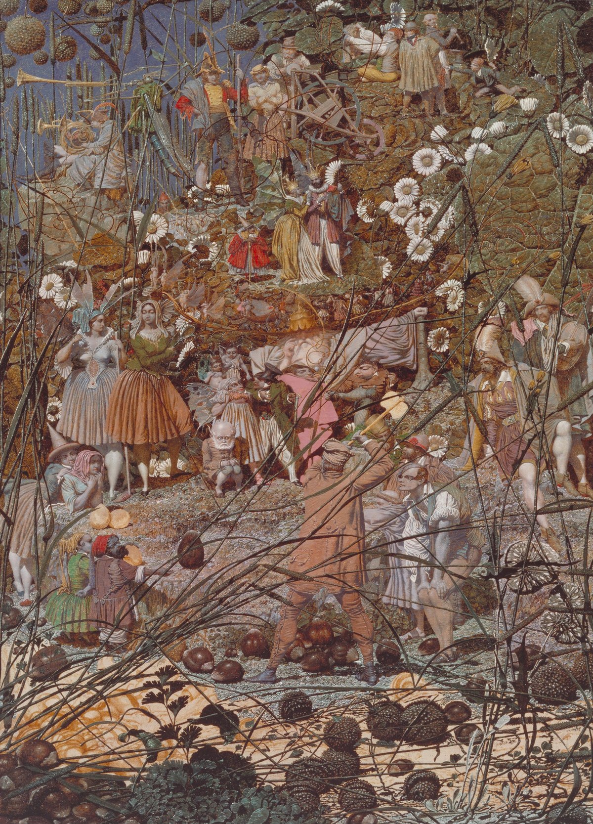 The Fairy Feller’s Master-Stroke: a dense crowd of tiny fairy folk gathered among grass stalks, daisies and hazelnuts, watching a man with a raised axe.