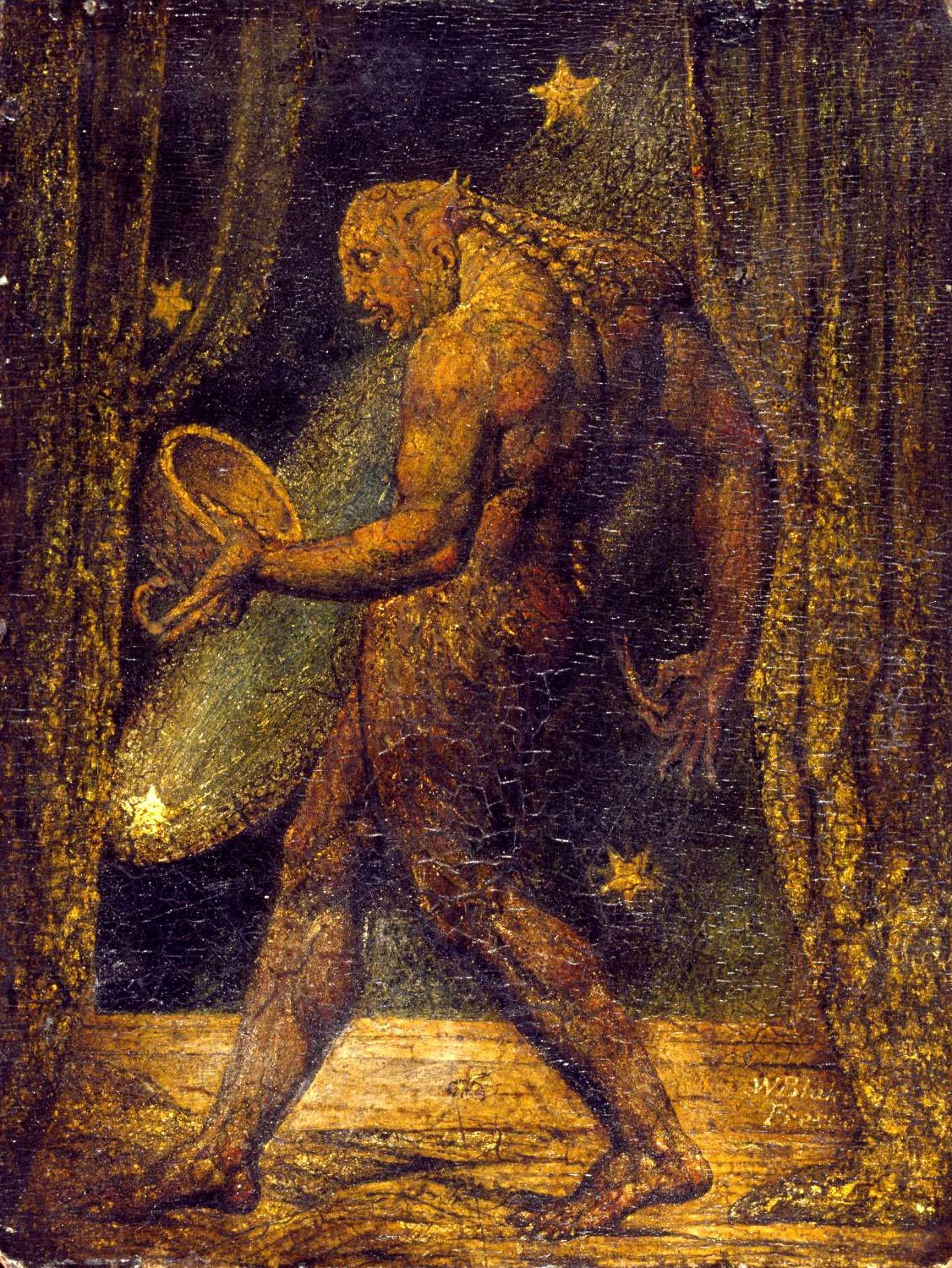 The Ghost of a Flea: a muscular, scaly figure with a small head and darting tongue strides across a stage between curtains, holding a bowl, under a starry sky with a shooting star.