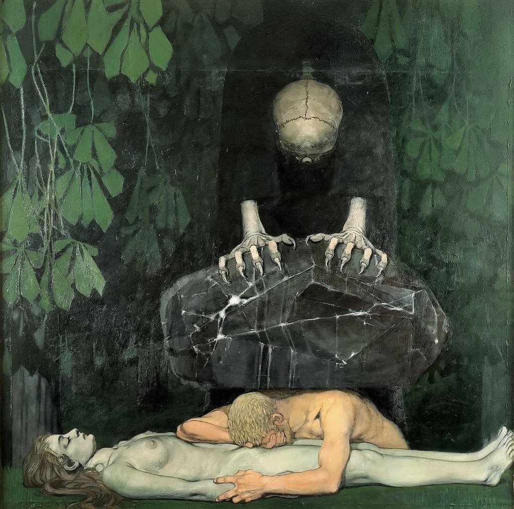Zwintscher’s Grief: a hooded figure of Death with a bowed skull and long claws presses a cracked black stone down onto a man lying across the pale body of a dead woman, among dark green leaves.