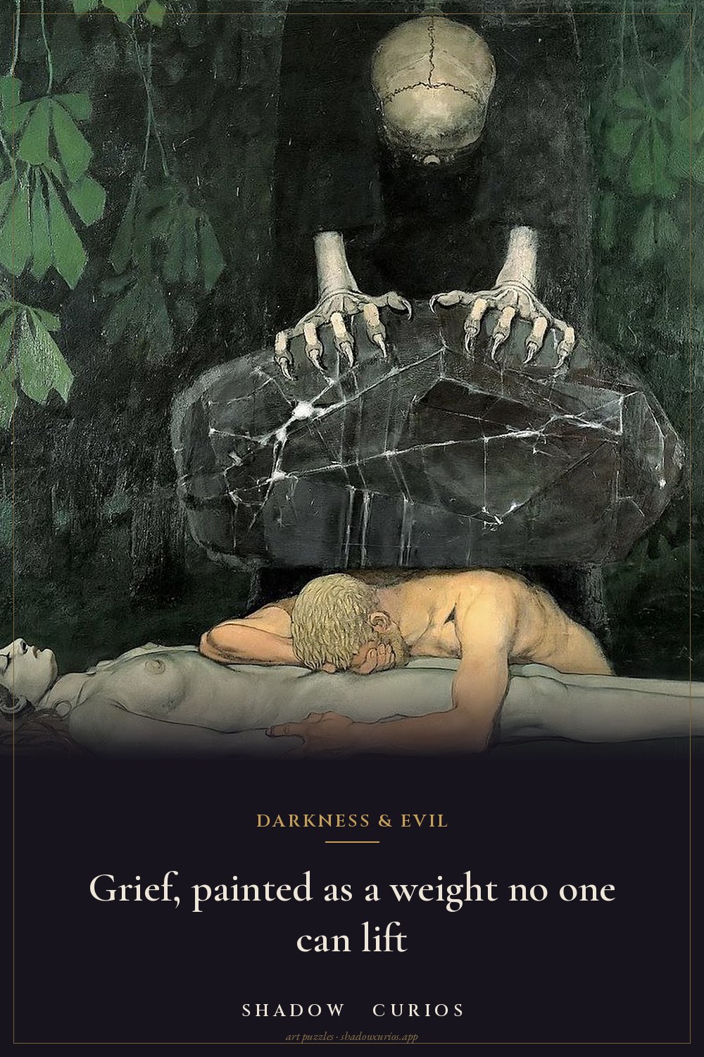 Zwintscher’s Grief, Death pressing a cracked stone on a mourning man and a dead woman, with the words: Grief, painted as a weight no one can lift.