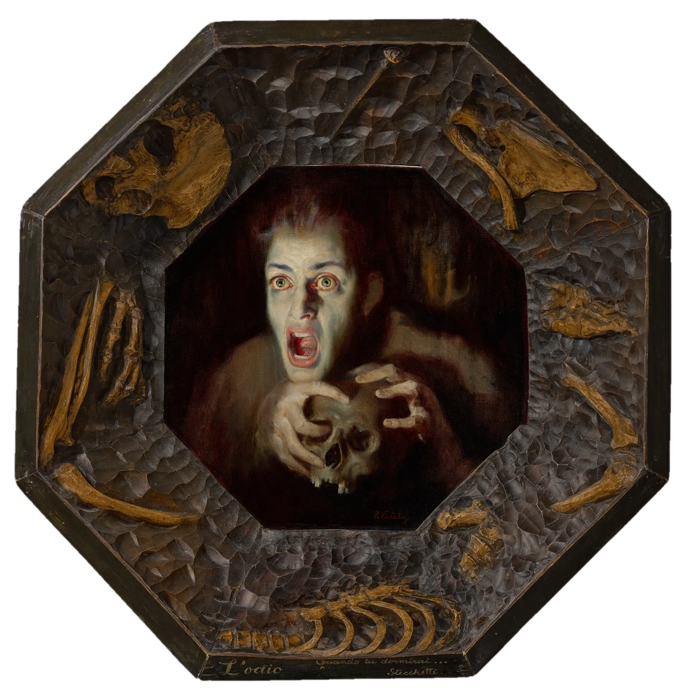 Hatred and Madness: a pale man with wild eyes and a gaping mouth claws at a human skull. The painting sits inside a deep octagonal wooden frame carved to look like dug earth, with carved golden bones, a ribcage and a hand scattered around it.