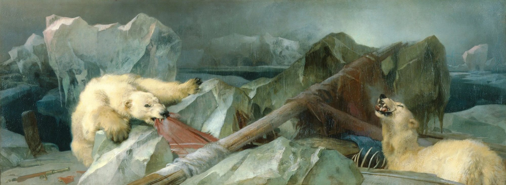 Landseer's Man Proposes, God Disposes: in a grey Arctic landscape of broken ice, a polar bear on the left tears at a red ship's ensign while a second bear on the right gnaws among the ribs of a human skeleton beside a broken mast.