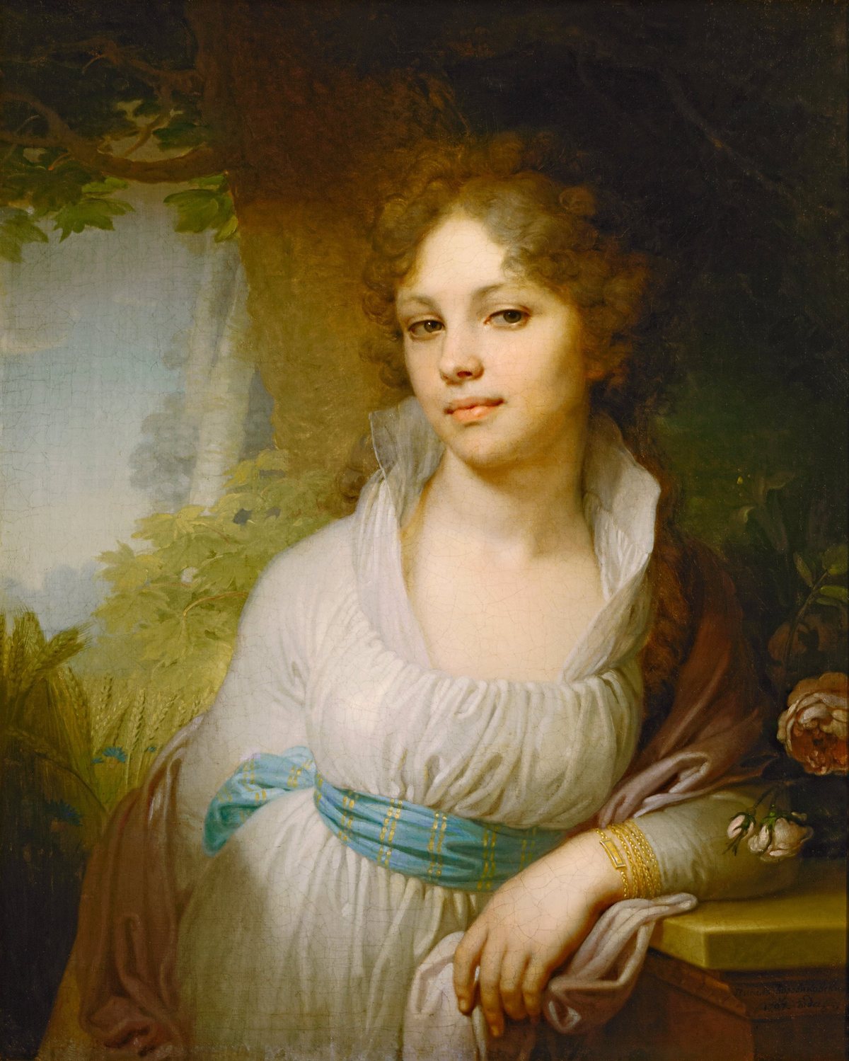 Portrait of Maria Lopukhina: a young woman with loose chestnut curls, in a white muslin dress with a turquoise sash and a crimson shawl, leaning her arm on a stone ledge beside a rose, a birch and a wheat field behind her.