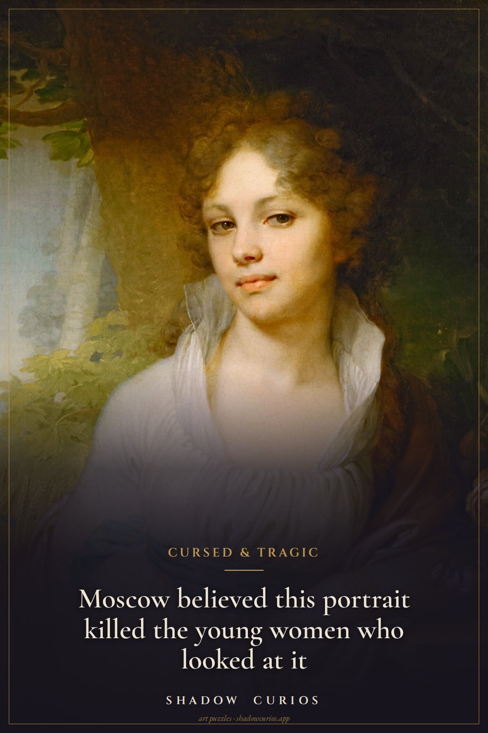 Detail of Maria Lopukhina's face and half smile, with the words: Moscow believed this portrait killed young women who looked at it.
