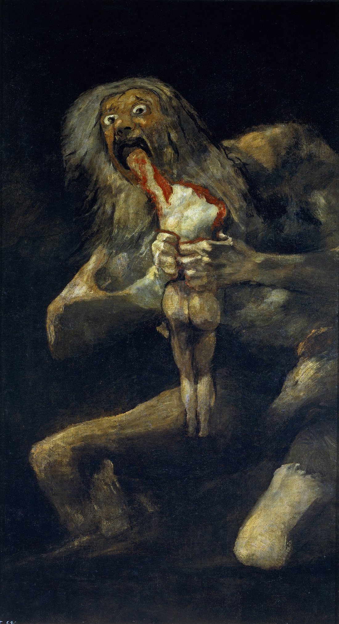 Goya's Saturn Devouring His Son: out of total darkness, a gaunt giant with wild white eyes and long grey hair crouches, biting into the bloody shoulder of a headless human body he grips in both hands.