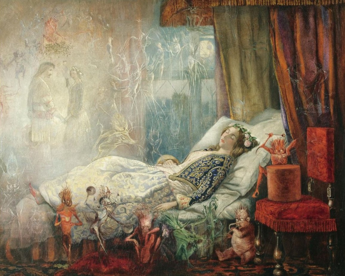 The Stuff That Dreams Are Made Of: a girl with a garland of roses asleep in a curtained bed, with spiky red and green goblins at its foot and a pale bride and groom floating in the mist beside her.