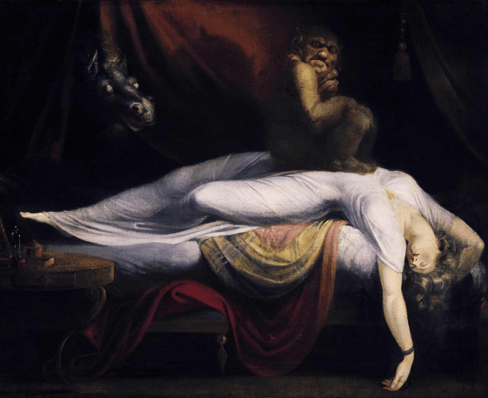 The Nightmare: a woman in white lies flung back across a bed, her head hanging over the edge, while a squat demon sits on her chest and a pale-eyed horse pushes its head through the dark red curtains.
