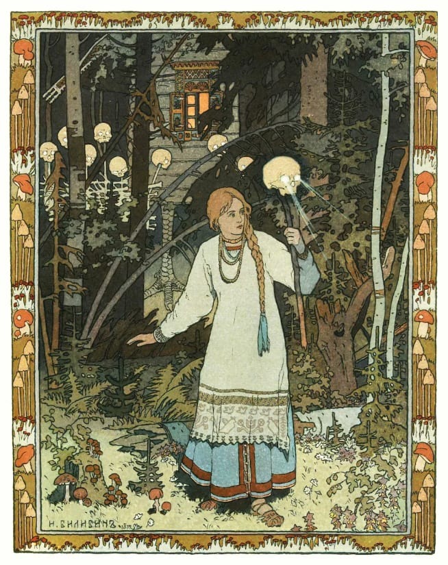 Bilibin’s Vasilisa the Beautiful: a young woman in a white embroidered dress walks through a dark forest holding a skull on a stick, light pouring from its eyes, past a fence topped with glowing skulls, inside a border of red-capped mushrooms.